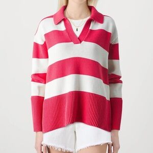 GAP Women's V-Neck Sweater in Red and Cream Stripes